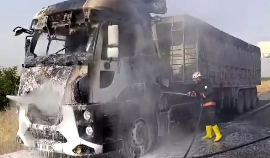 Şanlıurfa’da seyir halindeyken alev alan tır kullanılamaz hale geldi