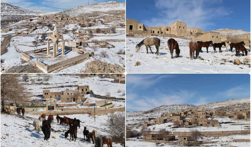 Beyaza bürünen tarihi Mağara Köyü fotoğrafçıların uğrak noktası oldu